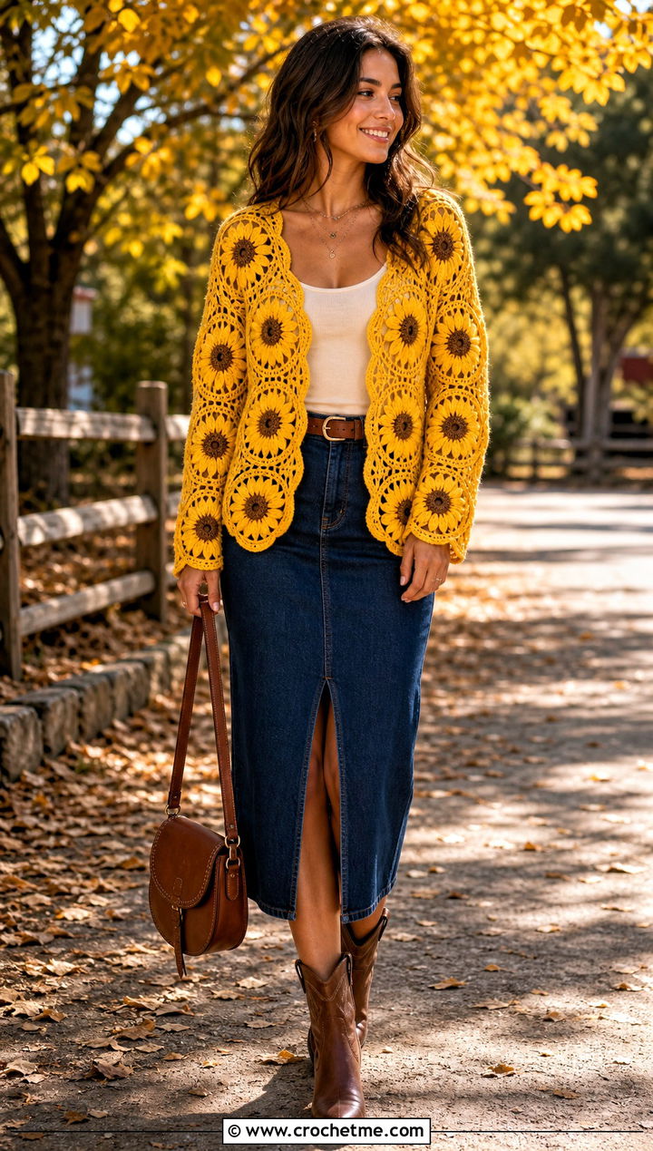 Sunflower Circle Crochet Cardigan With Denim Midi Skirt - 25 circle crochet cardigan outfit ideas