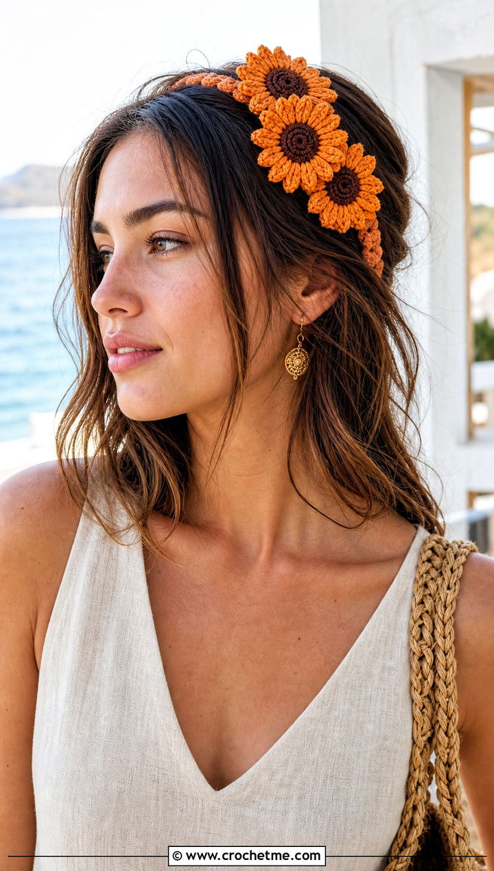 Sunflower Cluster Elastic Crochet Flower Headband With Linen Outfit - 15 crochet flower headband with elastic outfit ideas