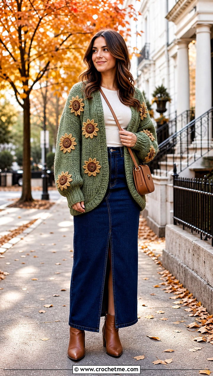 Sunflower Cocoon Cardigan With Denim Maxi Skirt - 30 crochet flower cardigan outfit ideas