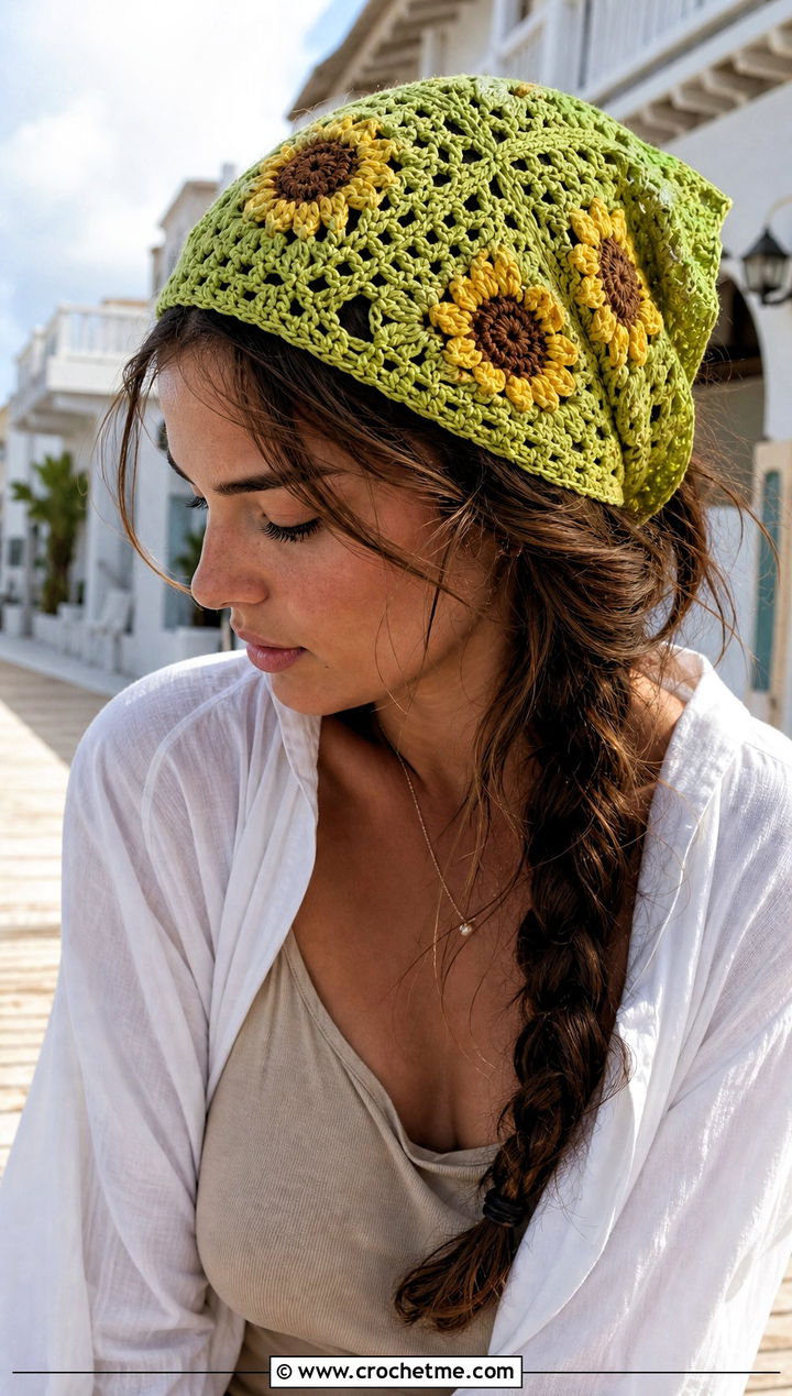 Sunflower Crochet Bandana With Linen Shirt And Shorts - 25 crochet bandana hair scarf outfit ideas