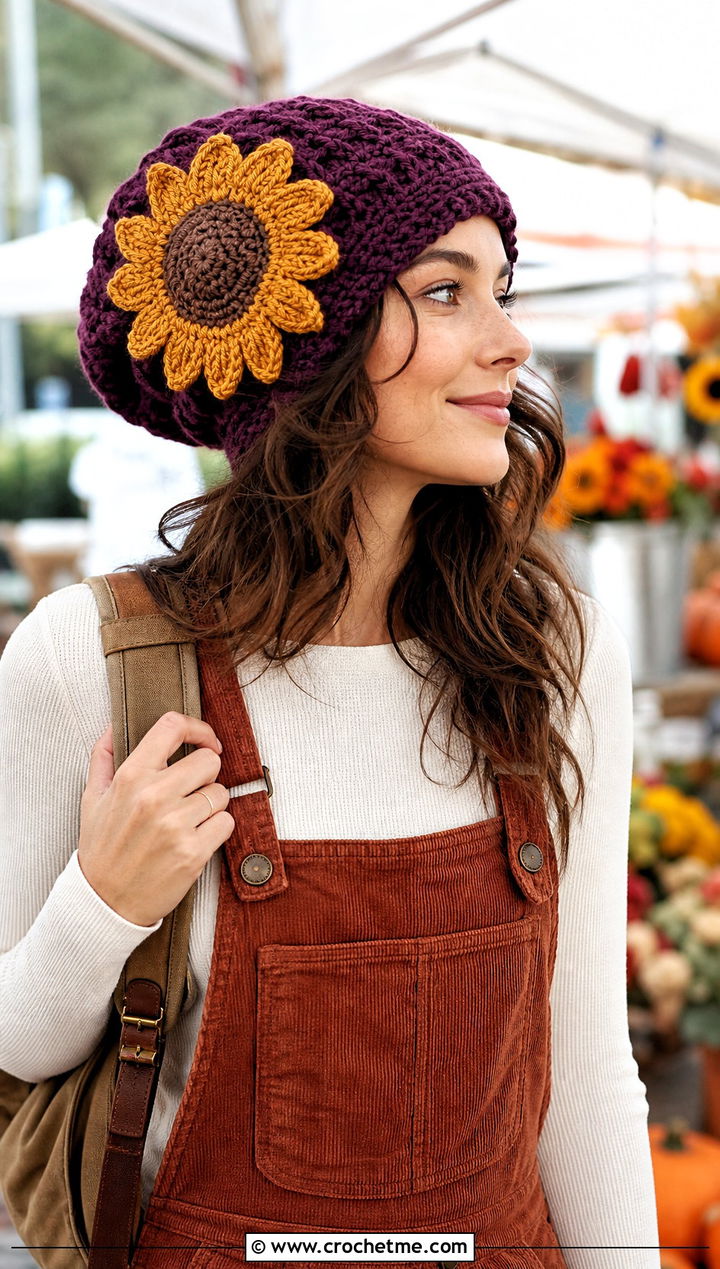 Sunflower Crochet Beanie With Corduroy Overalls - 30 crochet flower beanie outfit ideas