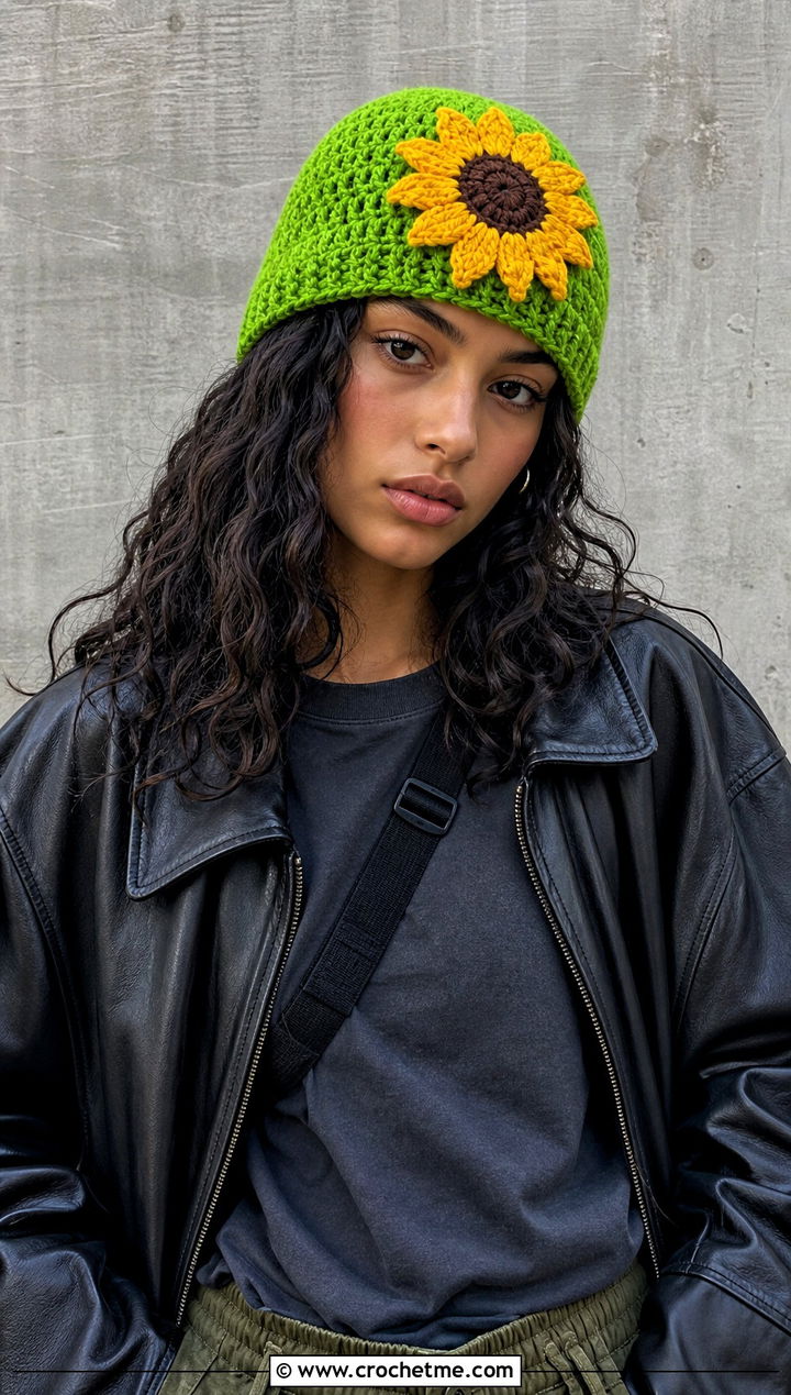 Sunflower Crochet Beanie With Leather Jacket And Cargo Pants - 15 Handmade Crochet Sunflower Hat outfit ideas