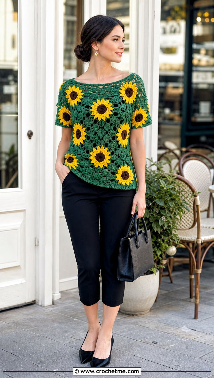 Sunflower Crochet Boat Neck Top With Capri Pants - 25 sunflower crochet top outfit ideas