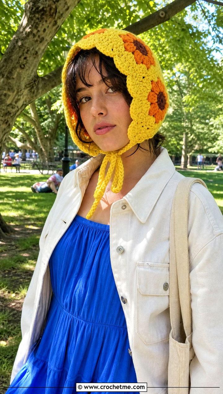 Sunflower Crochet Bonnet Hat With Maxi Dress And Sneakers - 15 Handmade Crochet Sunflower Hat outfit ideas