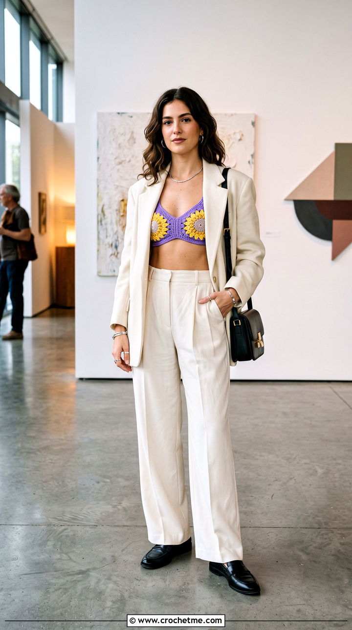 Sunflower Crochet Bralette Top With Oversized Blazer - 25 sunflower crochet top outfit ideas