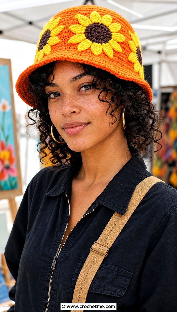 Sunflower Crochet Bucket Hat With Black Jumpsuit - 30 crochet flower hat outfit ideas