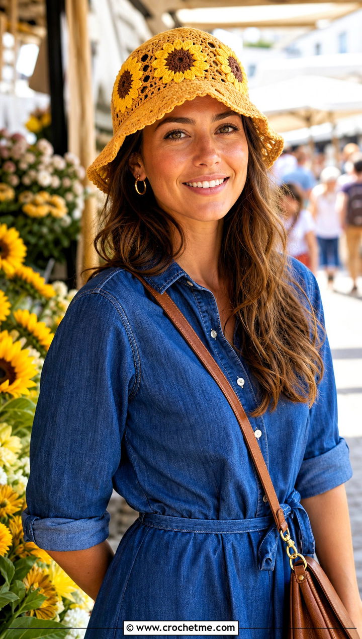 Sunflower Crochet Bucket Hat With Denim Dress - 25 Easy Crochet Bucket Hats outfit ideas