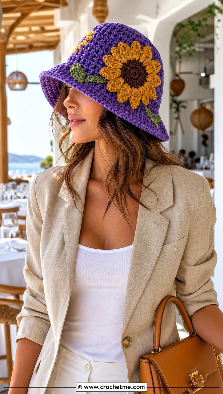 Sunflower Crochet Bucket Hat With Linen Suit - 25 Weird Crochet Hat outfit ideas