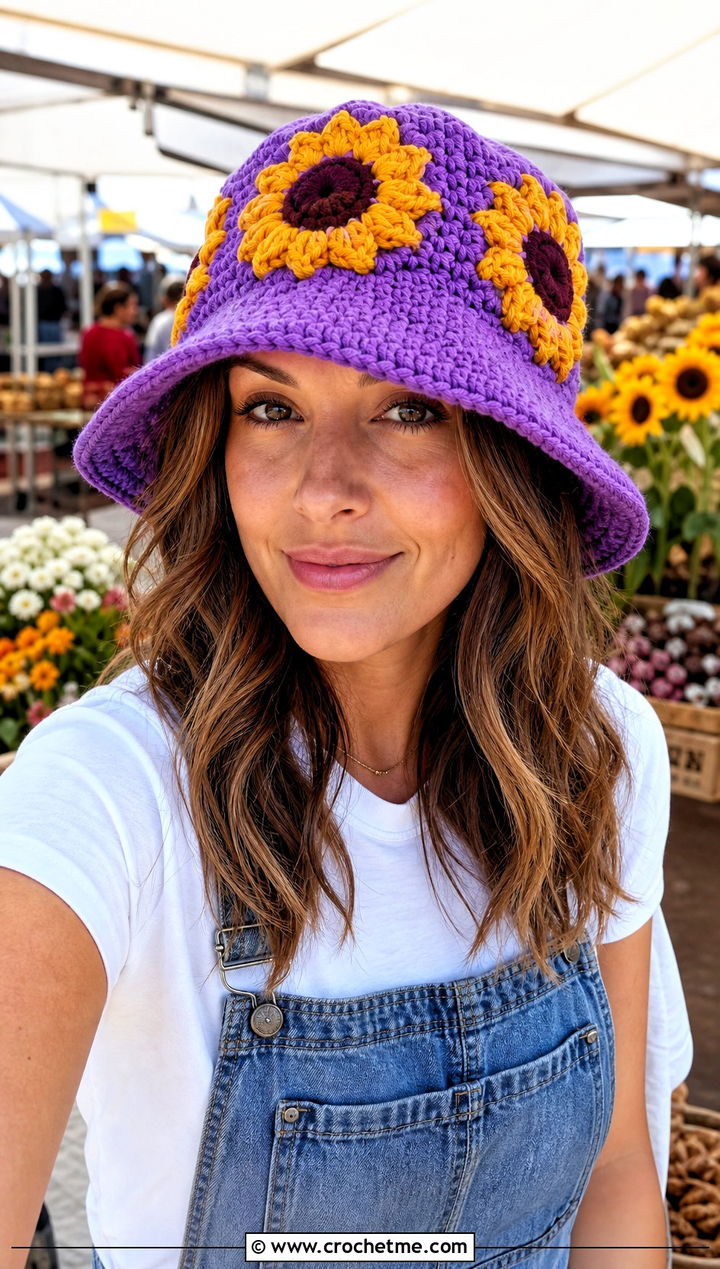 Sunflower Crochet Bucket Hat With Overalls - 25 Crochet Bucket Hat Design Ideas