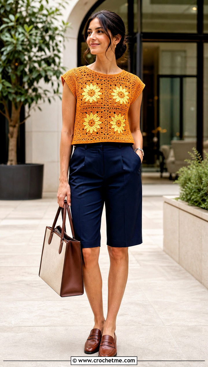 Sunflower Crochet Cap Sleeve Top With Bermuda Shorts - 25 sunflower crochet top outfit ideas