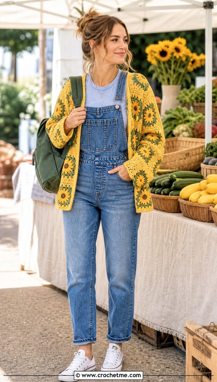 Sunflower Crochet Cardigan With Denim Overalls - 30 diy crochet cardigan outfit ideas