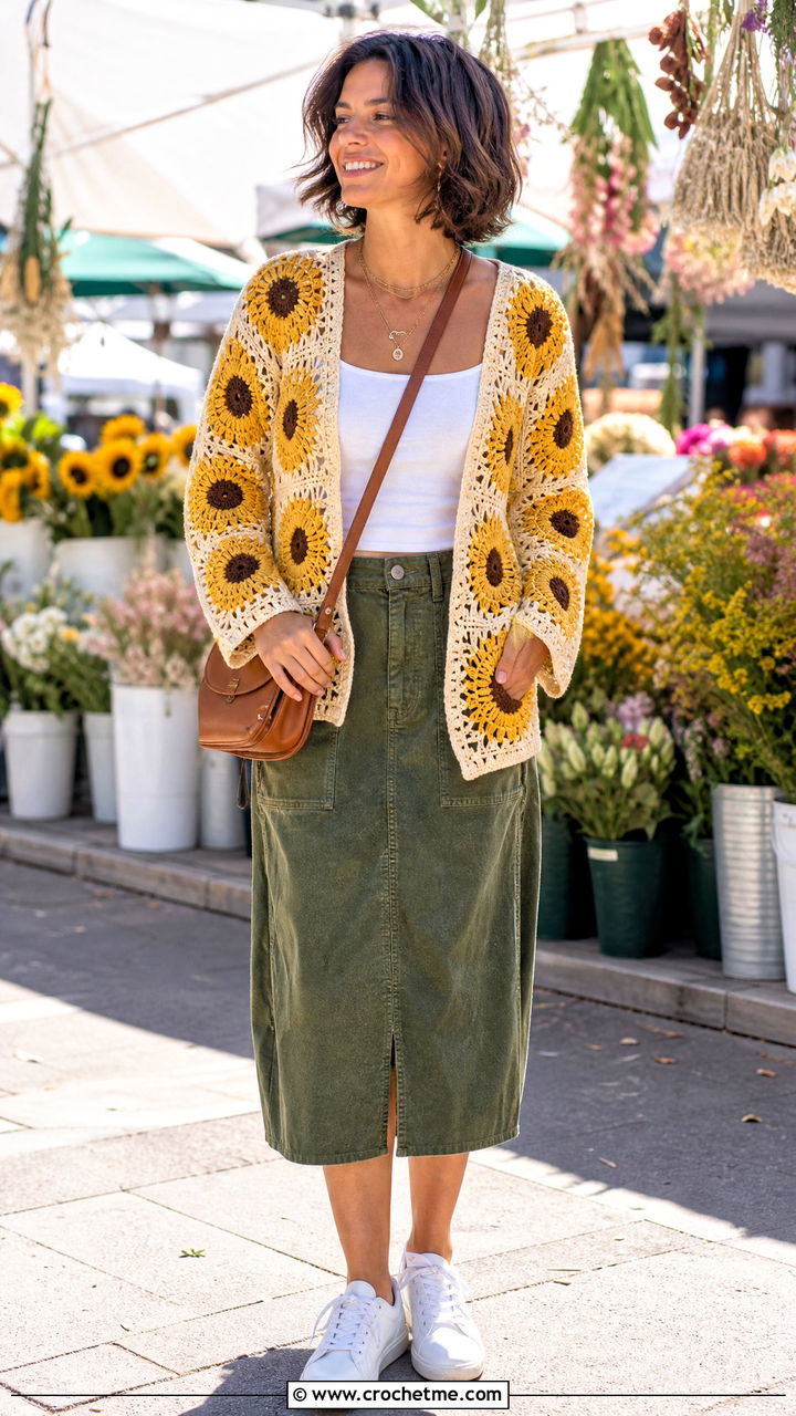 Sunflower Crochet Cardigan With Utility Skirt - 35 crocheted cardigan outfit ideas