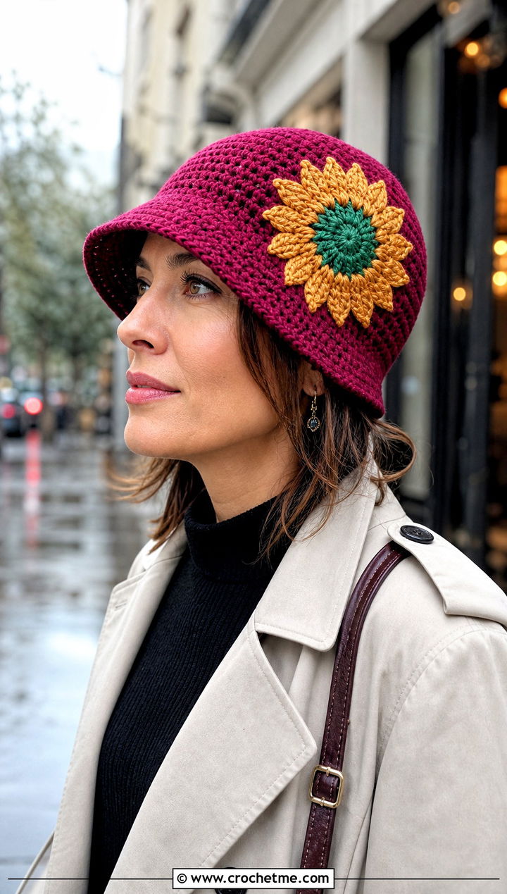 Sunflower Crochet Cloche Hat With Trench Coat - 15 Handmade Crochet Sunflower Hat outfit ideas