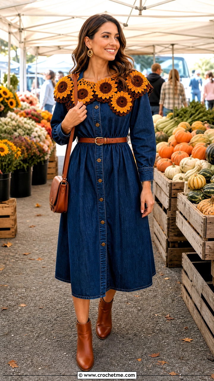 Sunflower Crochet Collar With Denim Dress - 35 crochet collars outfit ideas