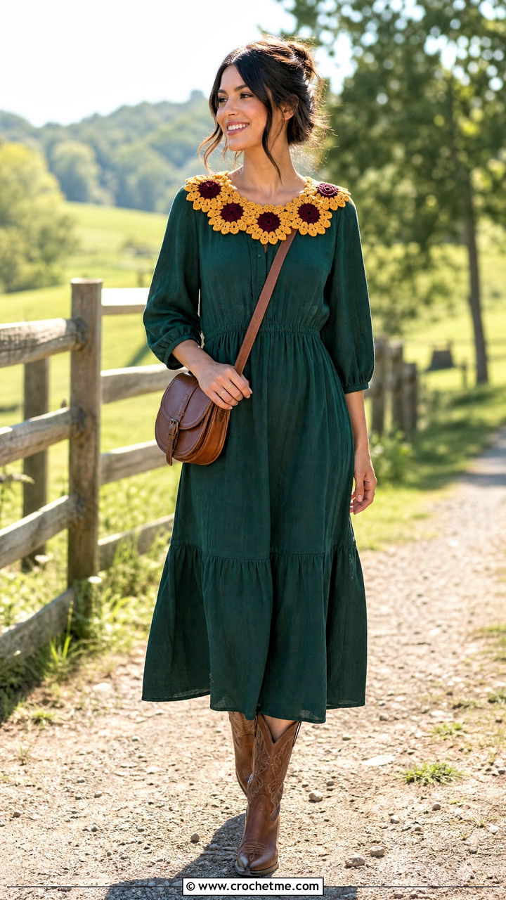 Sunflower Crochet Collar With Prairie Dress And Western Boots - 35 crochet collar outfit ideas