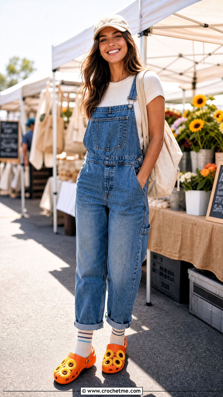 Sunflower Crochet Crocs With Denim Overalls - 35 crochet crocs shoes outfit ideas