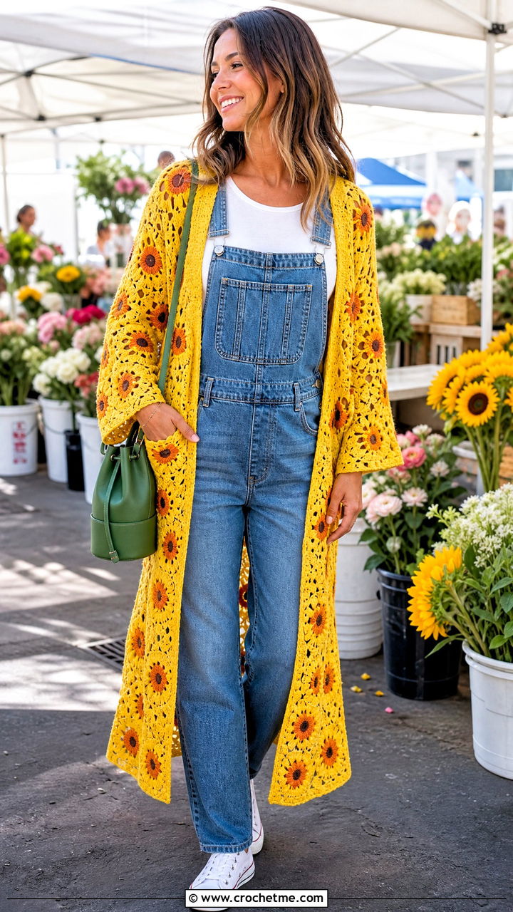 Sunflower Crochet Duster Cardigan With Overalls - 35 crochet duster cardigan outfit ideas