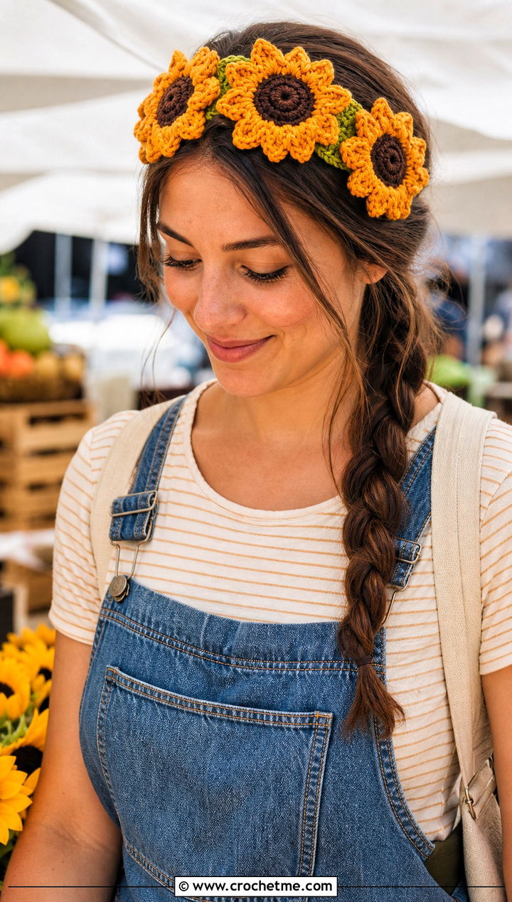 Sunflower Crochet Flower Crown Headband With Overalls - 25 crochet flower crown headband outfit ideas