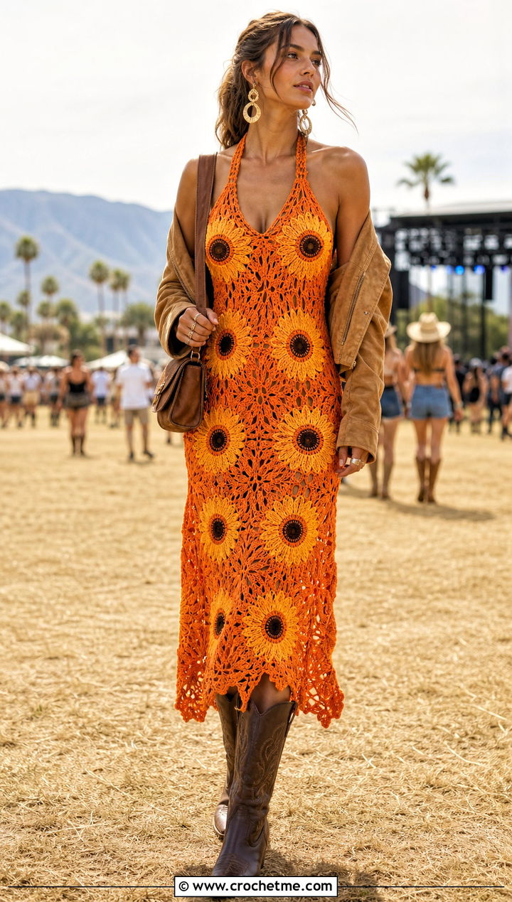 Sunflower Crochet Flower Halter Dress With Cowboy Boots - 35 Crochet Flower Dress outfit ideas