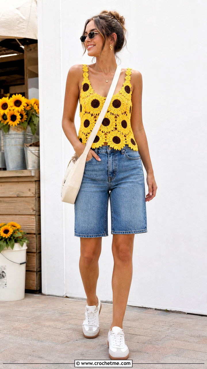 Sunflower Crochet Flower Tank Top With Denim Bermuda Shorts - 35 crochet flower top outfit ideas