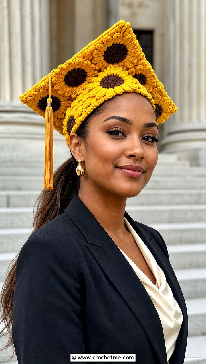 Sunflower Crochet Graduation Cap Cover With Black Pantsuit - 30 crochet graduation cap cover outfit ideas