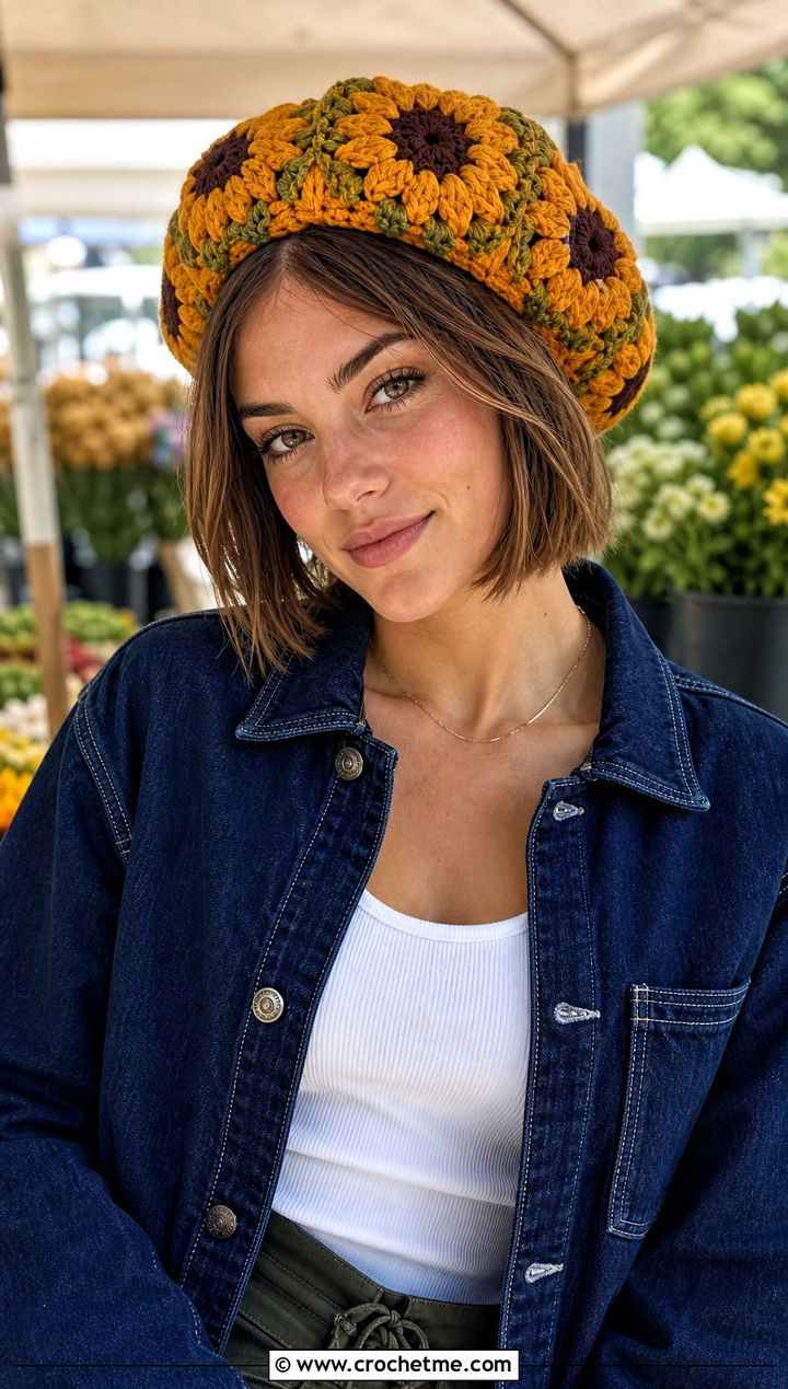 Sunflower Crochet Granny Square Beret With Denim Jacket And Cargo Pants - 25 Crochet Granny Square Beret outfit ideas