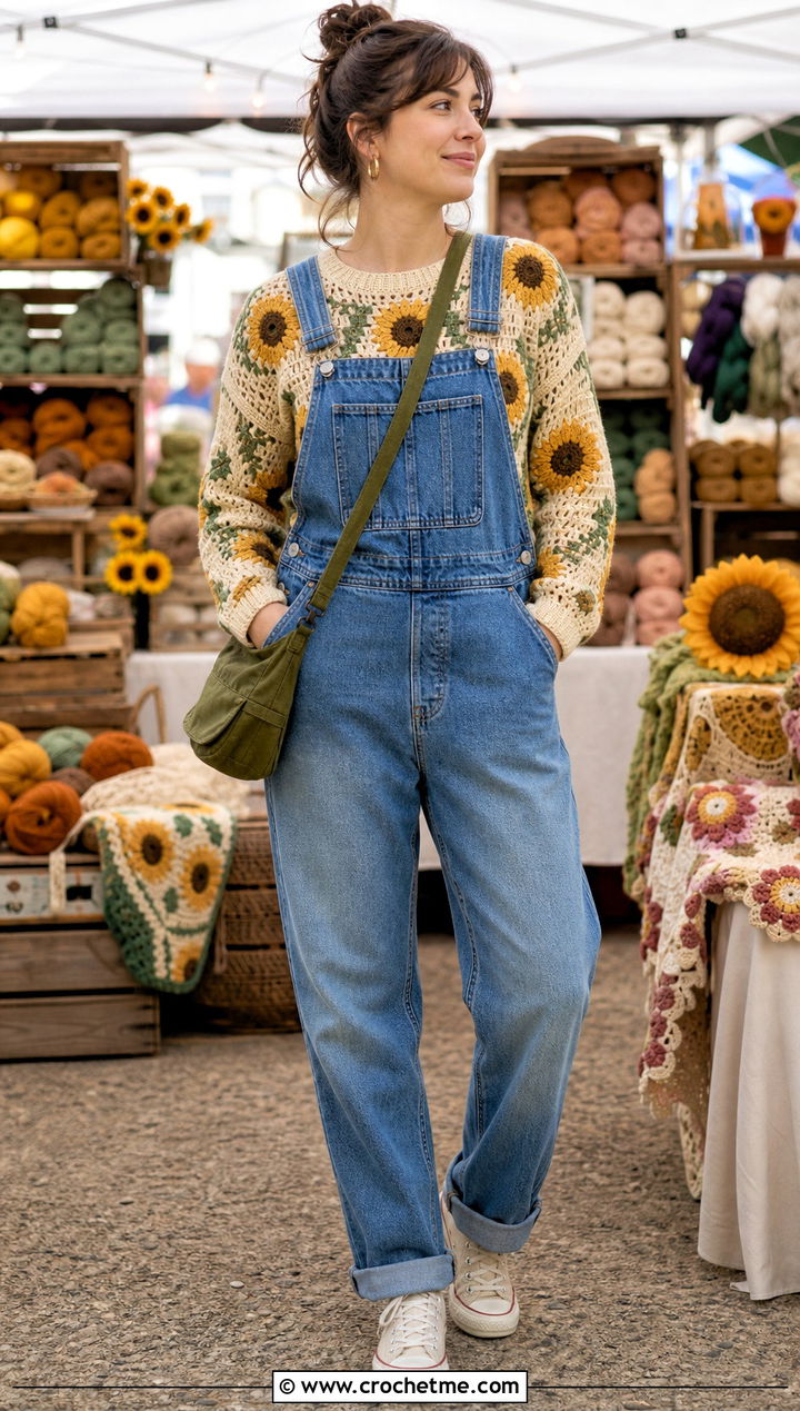Sunflower Crochet Graph Sweater With Denim Overalls - 30 crochet graph sweater outfit ideas