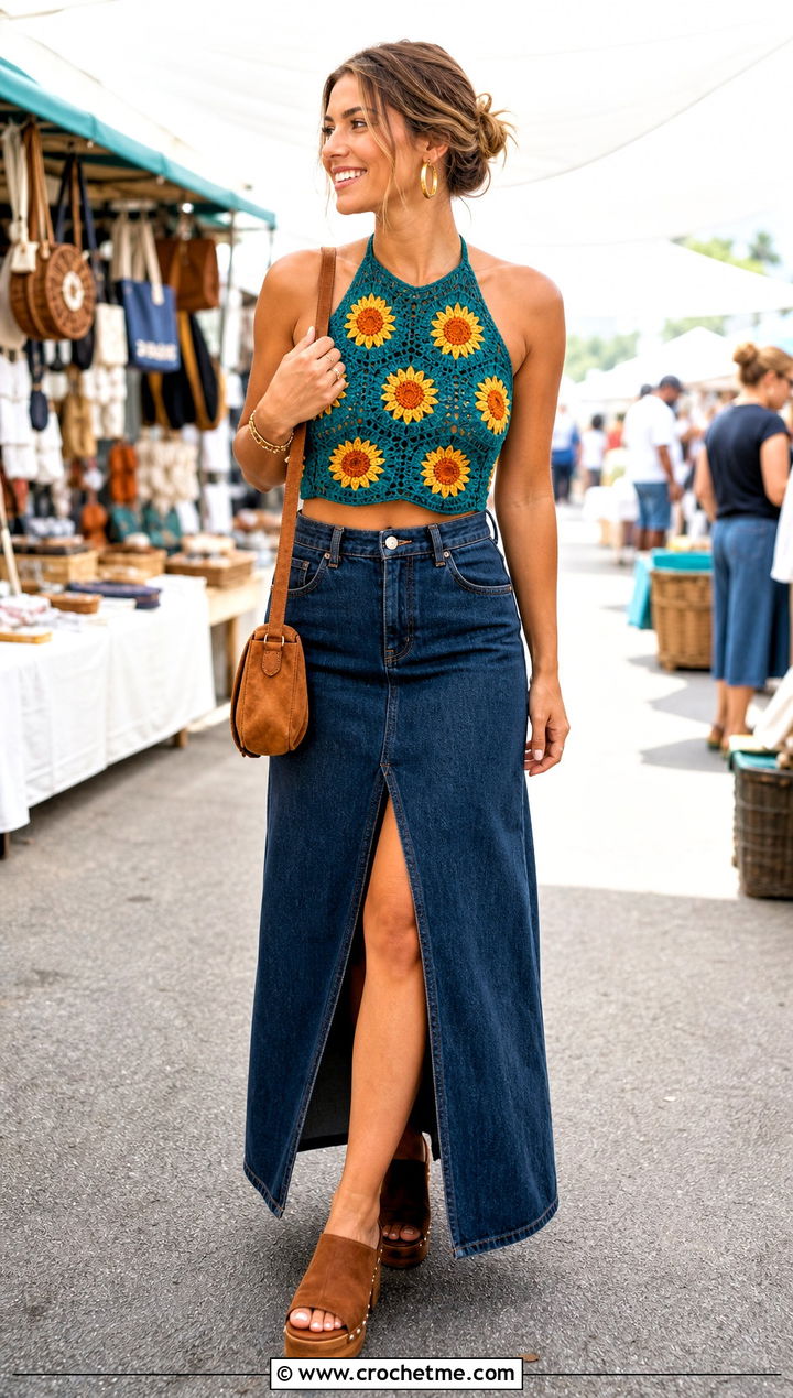Sunflower Crochet Halter Crop Top With Denim Maxi Skirt - 30 crochet flower crop top outfit ideas