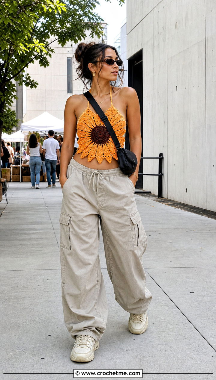Sunflower Crochet Halter Top With Cargo Pants - 25 flower crochet tops outfit ideas
