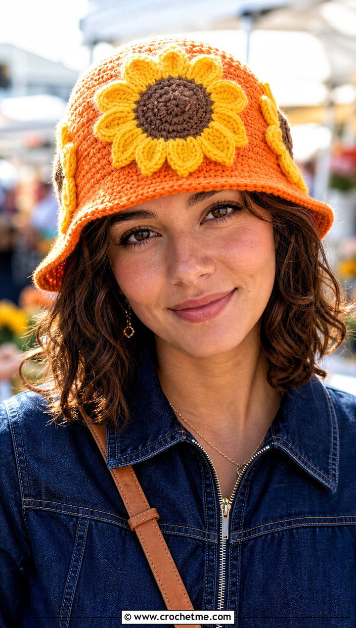 Sunflower Crochet Hat With Denim Jumpsuit - 30 crochet funny hats outfit ideas