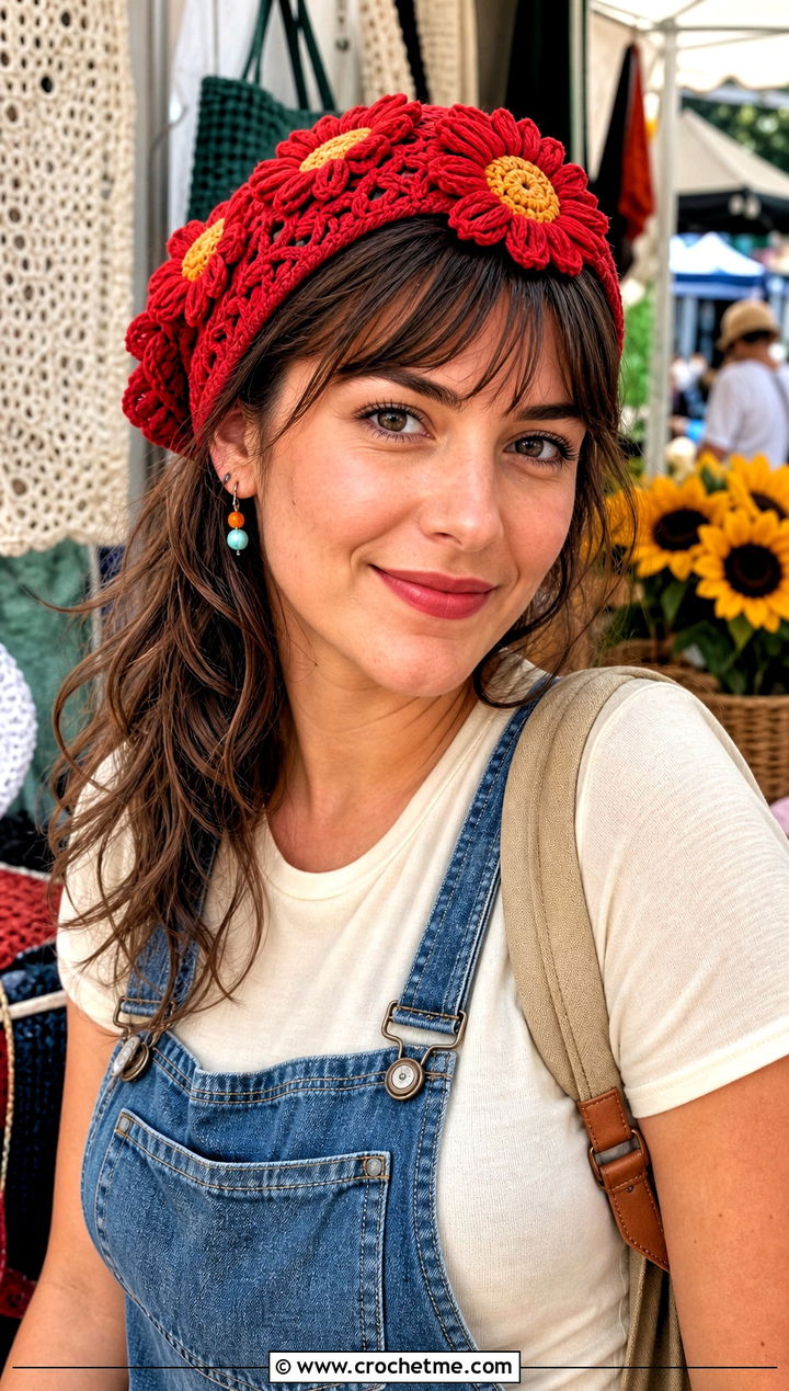 Sunflower Crochet Head Scarf With Denim Overalls - 25 Crochet Boho Head Scarf outfit ideas