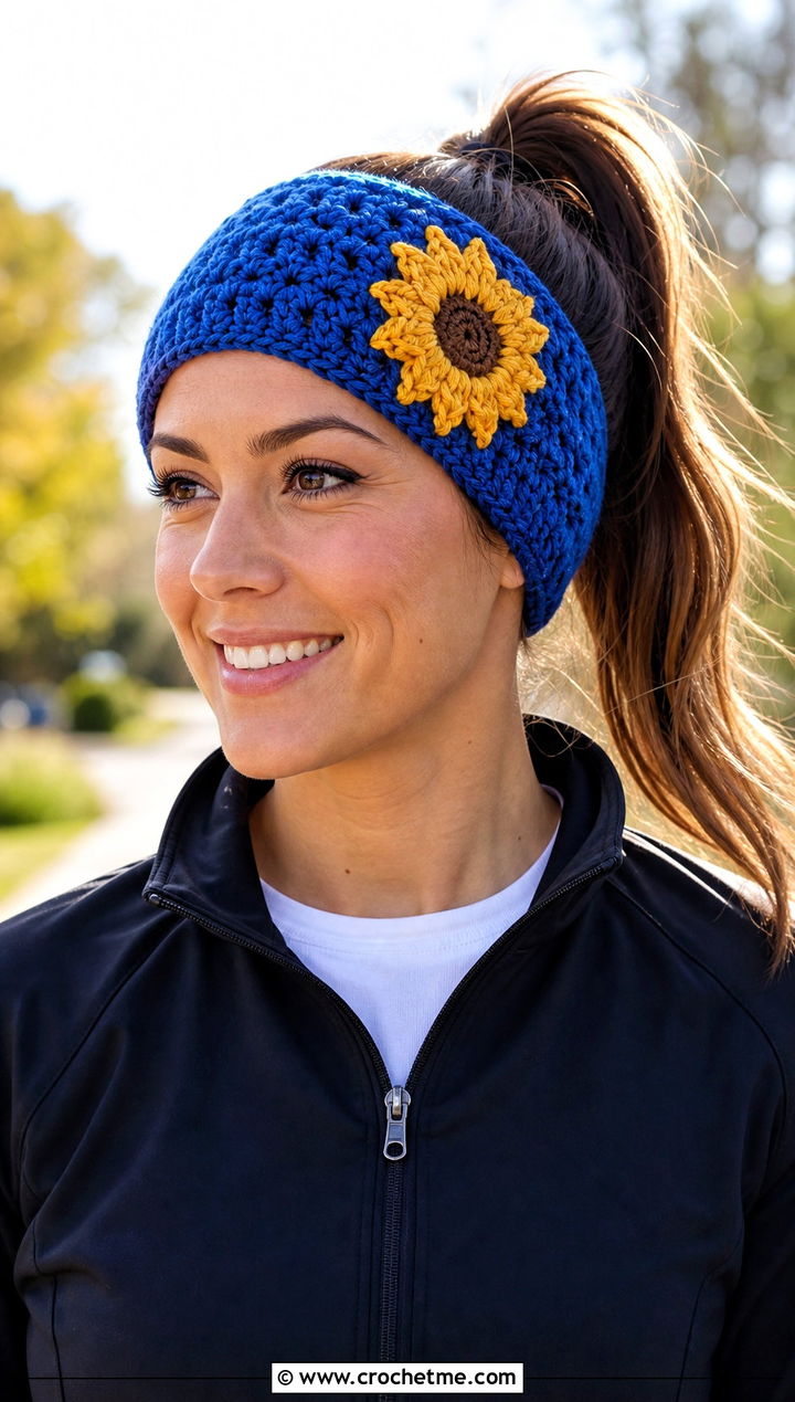Sunflower Crochet Headband With Athleisure Set - 15 crochet headband with flower design outfit ideas