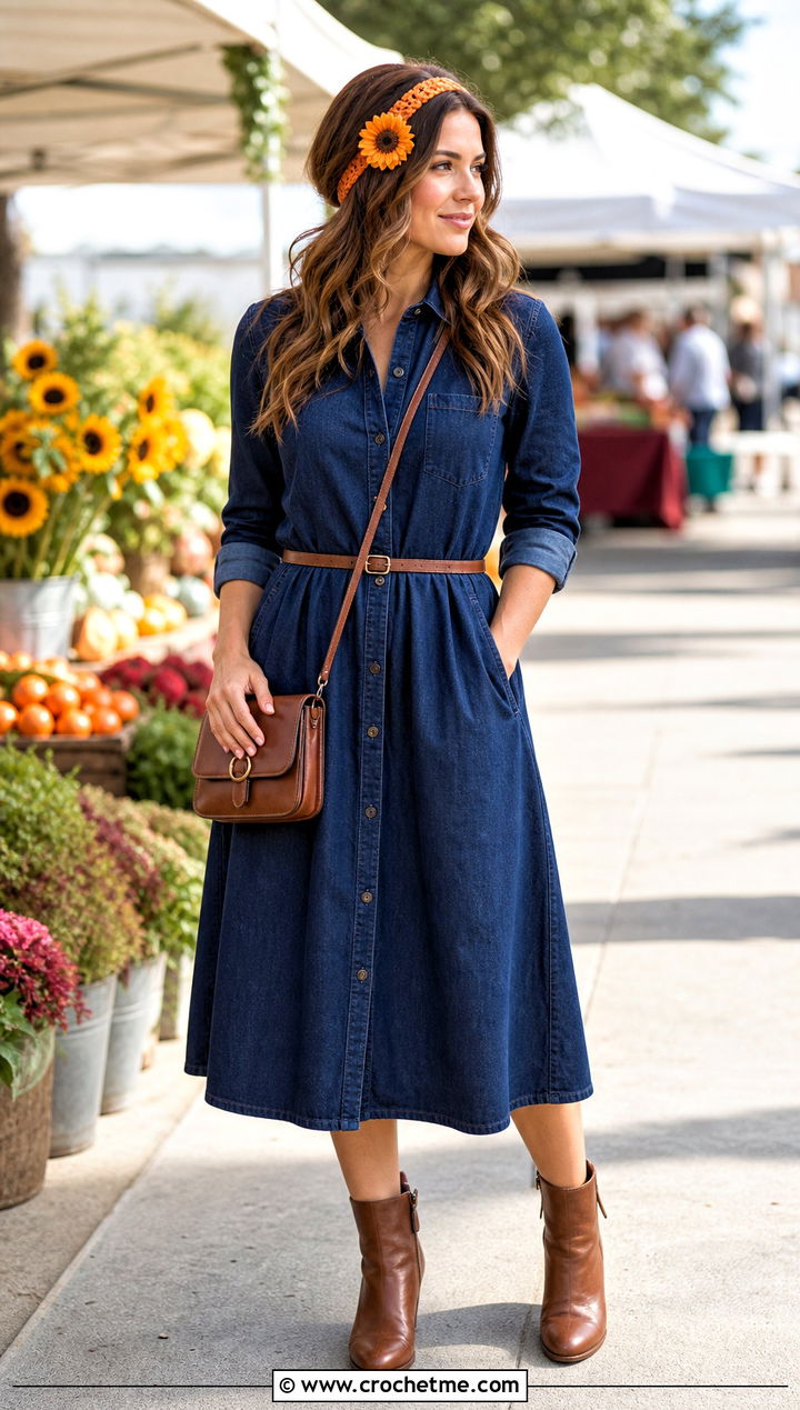 Sunflower Crochet Headband With Denim Dress And Boots - 35 flower crochet headband outfit ideas