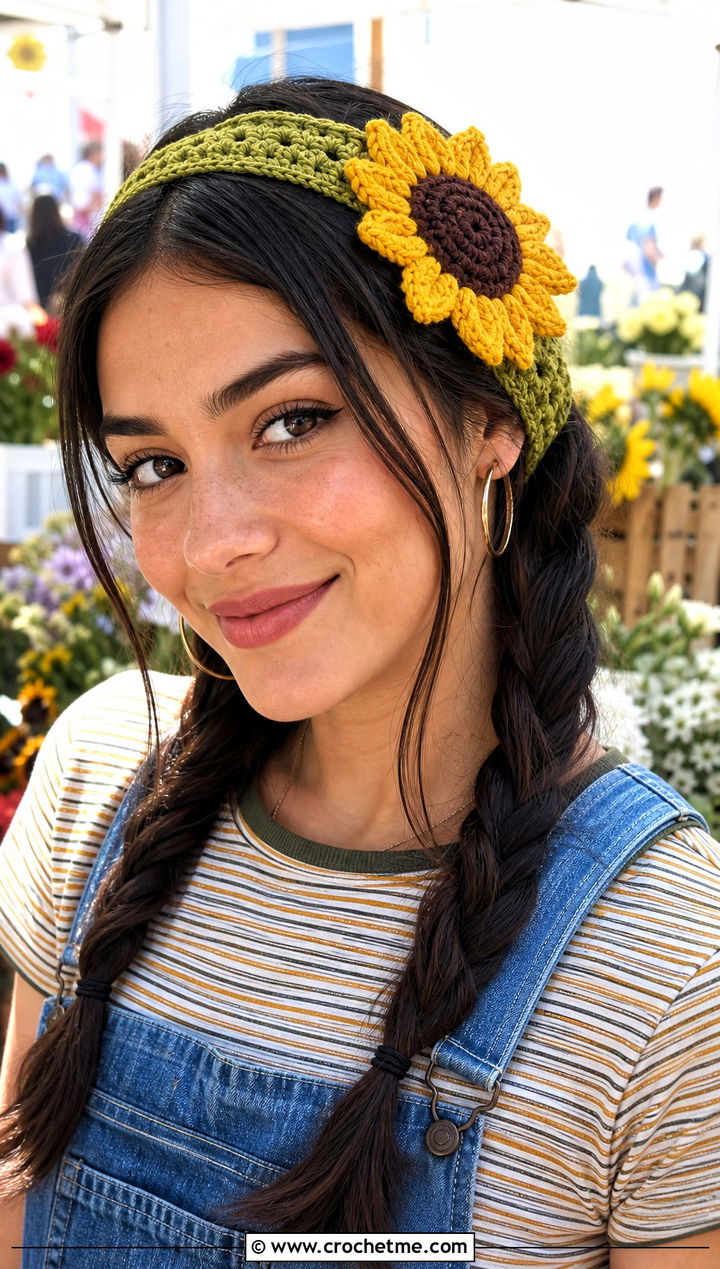 Sunflower Crochet Headband With Denim Overalls - 30 boho crochet headband outfit ideas