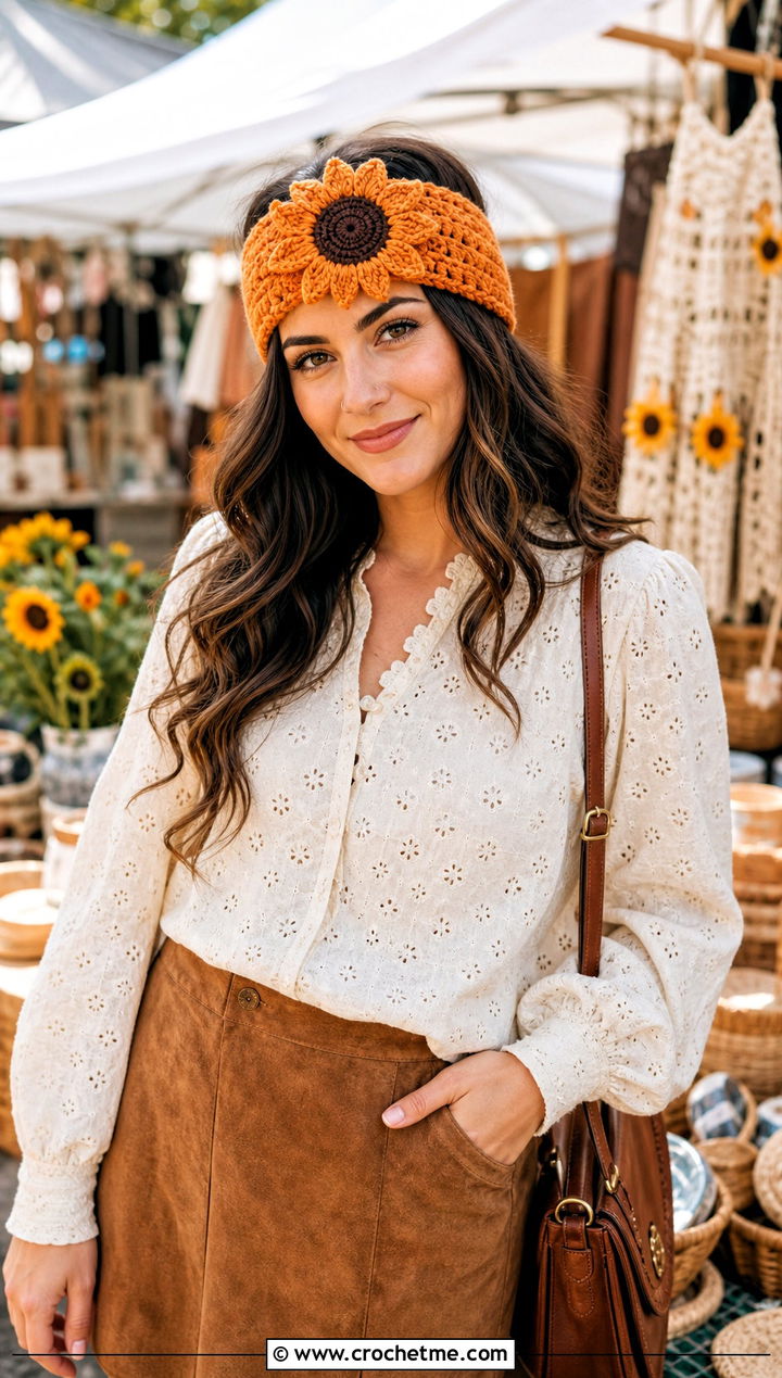 Sunflower Crochet Headband With Eyelet Blouse And Suede Skirt - 15 crochet flower embellished headband outfit ideas