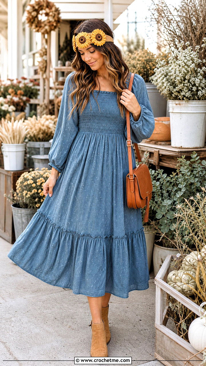 Sunflower Crochet Headband With Prairie Dress And Boots - 35 easy crochet headband outfit ideas