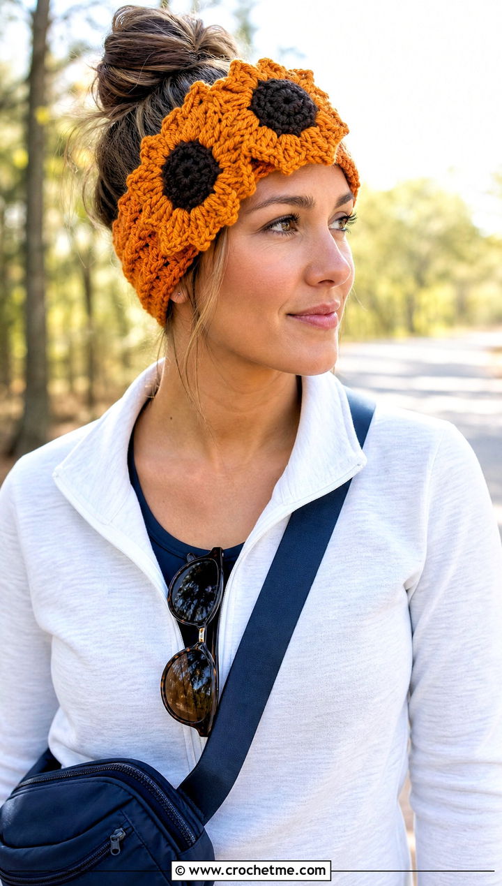 Sunflower Crochet Headband With Sporty Separates - 15 colorful crocheted headband with flower outfit ideas