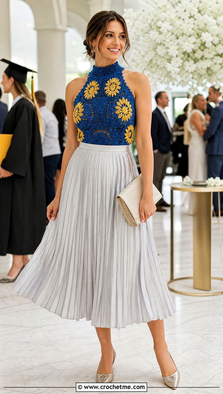 Sunflower Crochet High Neck Top With Pleated Midi Skirt - 25 sunflower crochet top outfit ideas