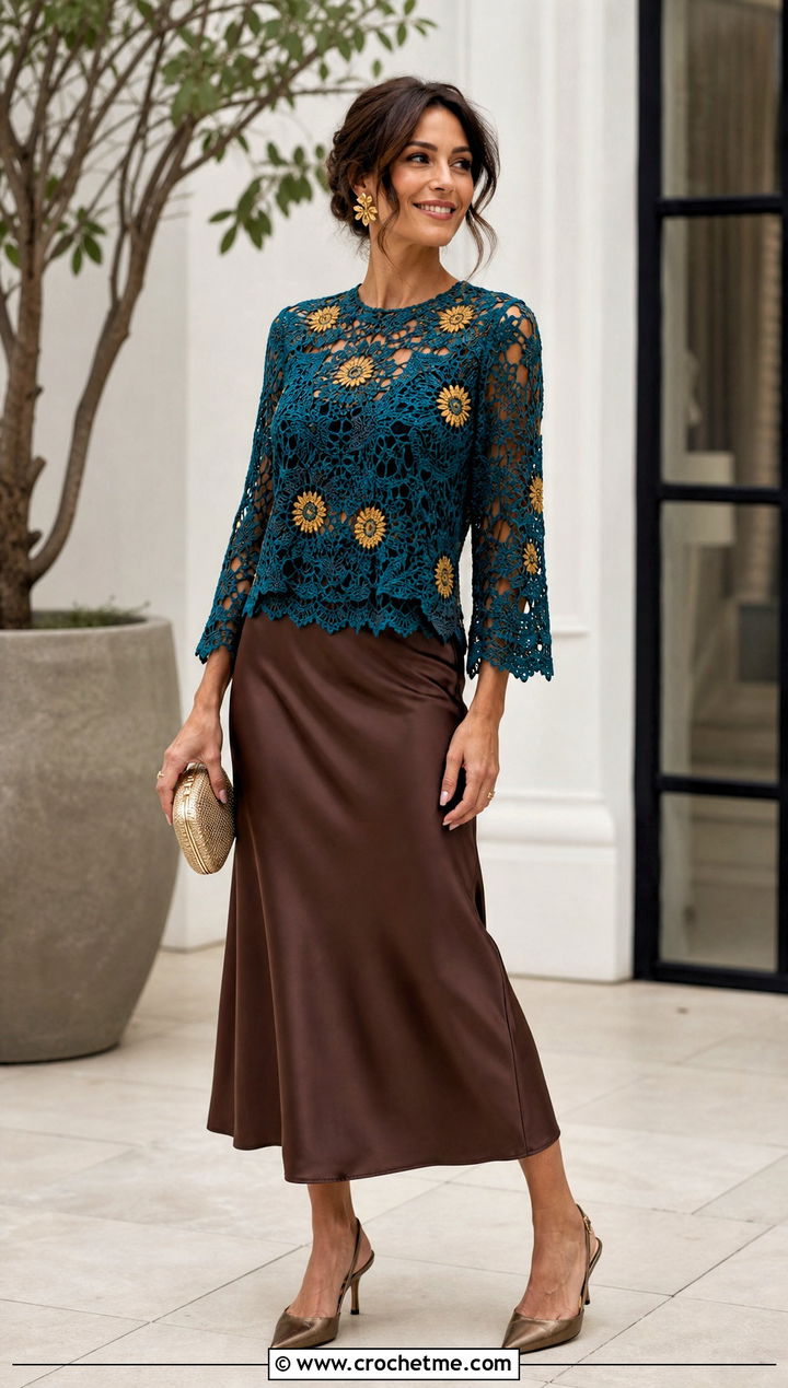 Sunflower Crochet Lace Top With Satin Midi Skirt - 25 sunflower crochet top outfit ideas
