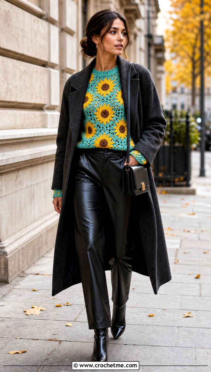 Sunflower Crochet Long Sleeve Top With Leather Pants - 25 sunflower crochet top outfit ideas