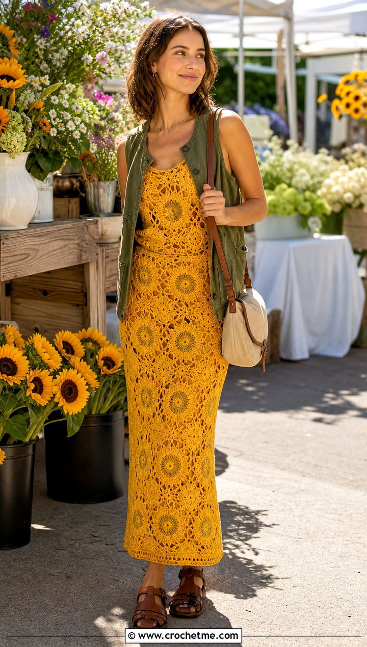 Sunflower Crochet Maxi Skirt Set With Utility Vest - 35 Crochet Skirts Set Outfit ideas