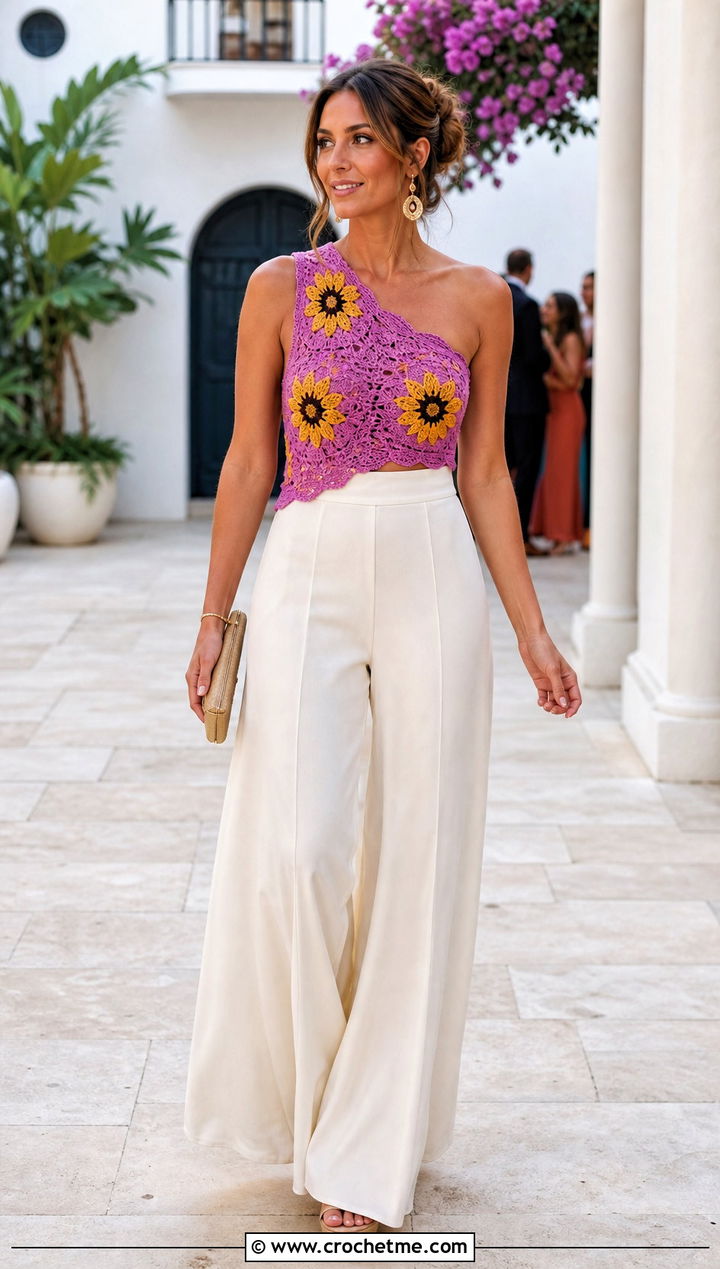 Sunflower Crochet One Shoulder Top With Palazzo Pants - 25 sunflower crochet top outfit ideas