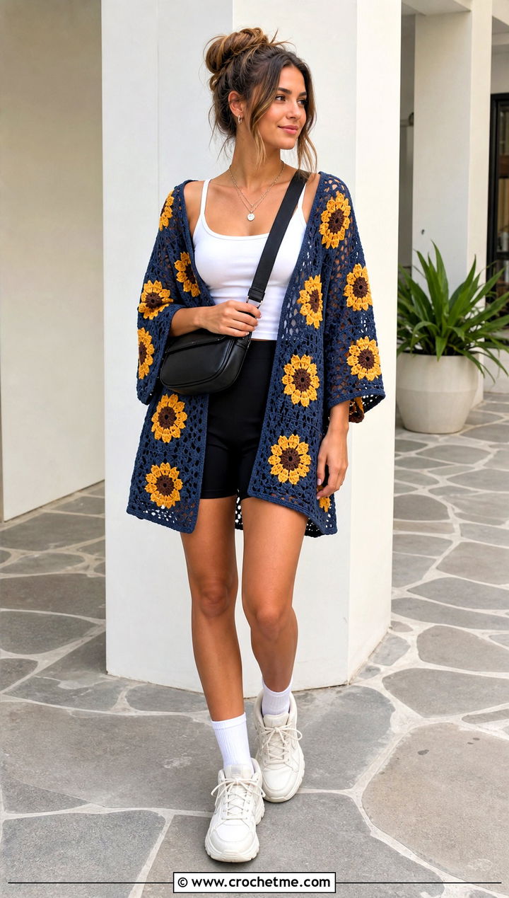 Sunflower Crochet Oversized Top With Bike Shorts - 25 sunflower crochet top outfit ideas