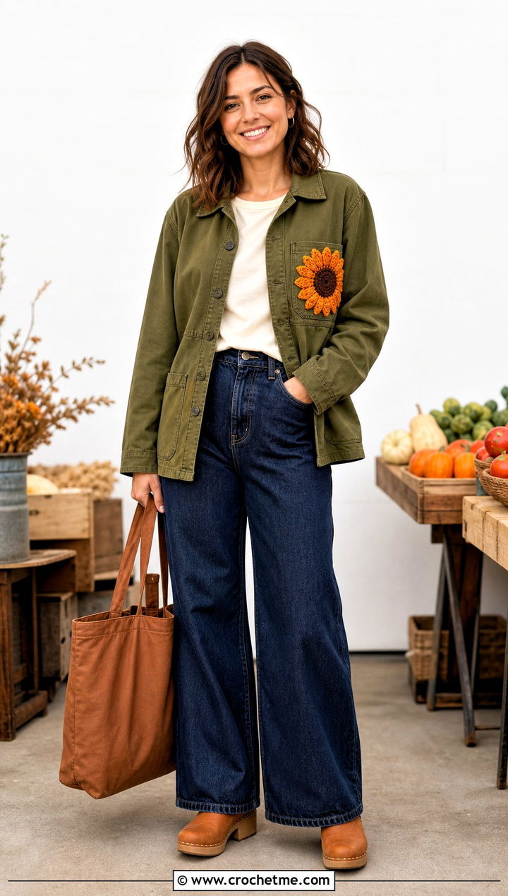Sunflower Crochet Patch Utility Jacket Outfit - 30 crochet patches on clothes and outfit ideas