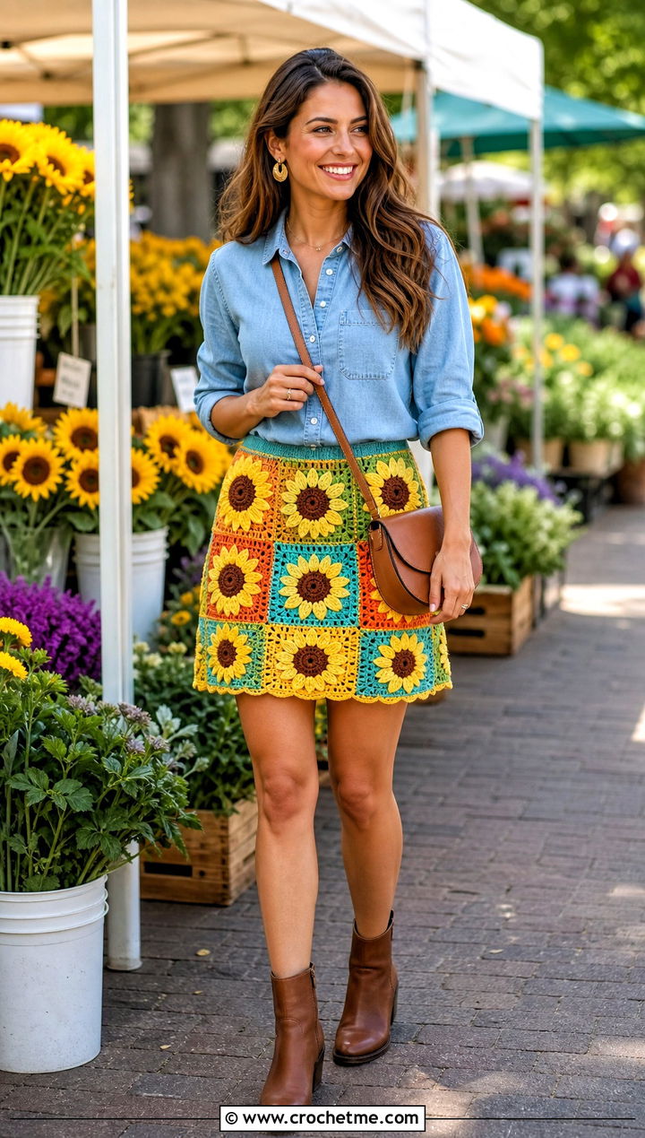 Sunflower Crochet Patchwork Mini Skirt With Chambray Shirt - 30 crochet patchwork skirt outfit ideas