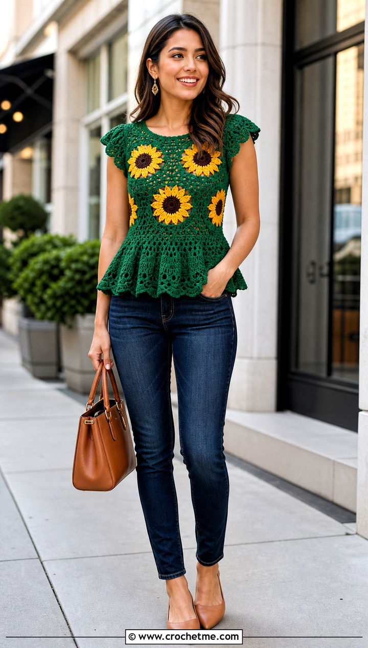 Sunflower Crochet Peplum Top With Slim Jeans - 25 sunflower crochet top outfit ideas