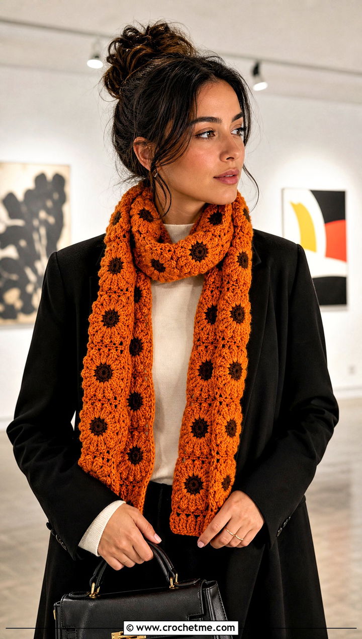 Sunflower Crochet Roll Up Scarf With Black Blazer - 25 Crochet Roll Up Scarf outfit ideas