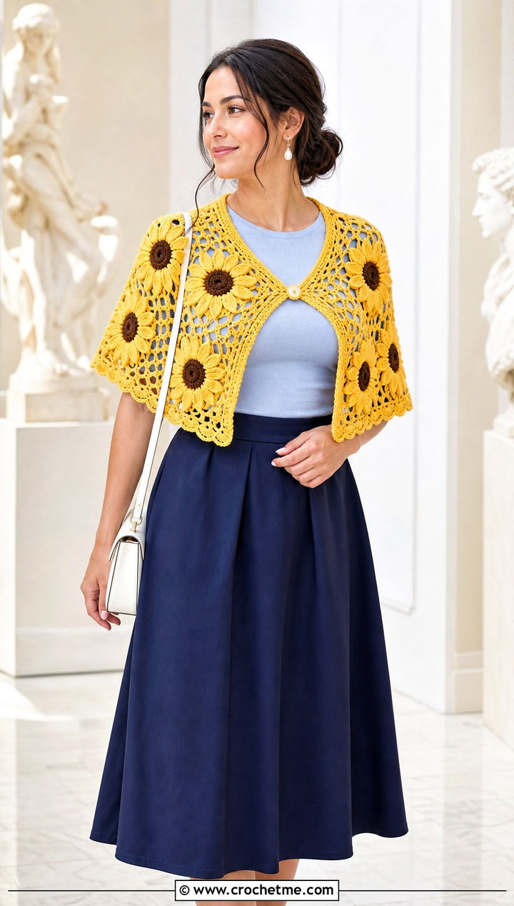 Sunflower Crochet Shawlette With Midi Skirt - 20 Sunflower Crochet Shawl outfit ideas