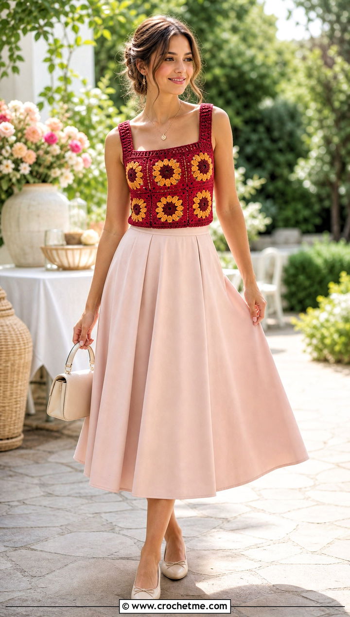 Sunflower Crochet Square Neck Top With A Line Skirt - 25 sunflower crochet top outfit ideas