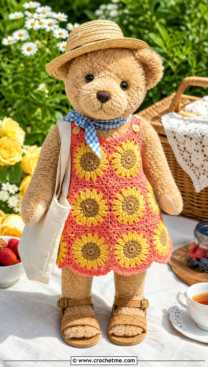 Sunflower Crochet Sundress With Straw Hat - 35 crochet teddy clothes and outfit ideas